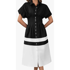 Wenrine Womens Summer Button Down Shirt Dress Casual Color Block V Neck Short Sleeve Corset Maxi Dresses Black Size S