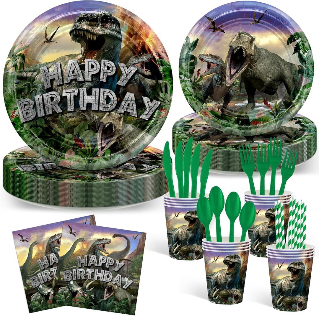 Avezano 192 Pcs Dinosaur Birthday Party Supplies Jurassic Dinosaur Plates and Napkins for Birthday Party Dinosaur Theme Birthday Party Decoration for Kids Serves 24