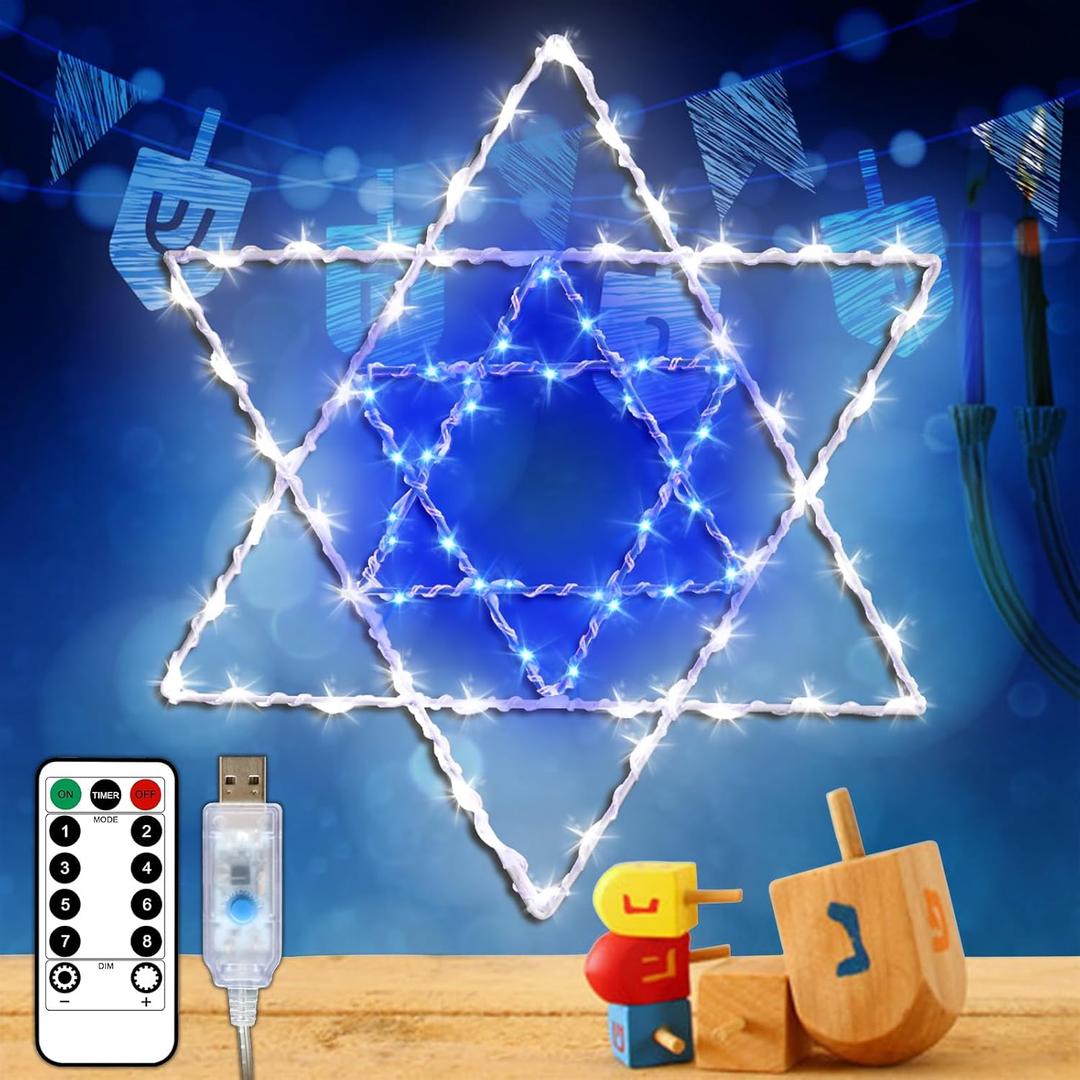Hanukkah Decorations Chanukkah Decor Window Lights Outdoor, Indoor 8 Lighting Modes USB Powered, White Blue 80LEDs Star of David Silhouette Iron Frame Hanging Lights, Gifts for Jewish, Kids