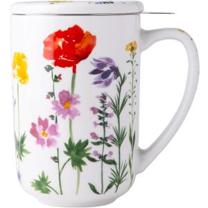 AmorArc Porcelain Tea Mug with Infuser and Lids, 18 Oz Coffee Cup Strainer with Bag Holder for Loose Leaf Tea, Tea Steeping Coffee Mug for House-warming Wedding Birthday Gift (Wild Flowers)