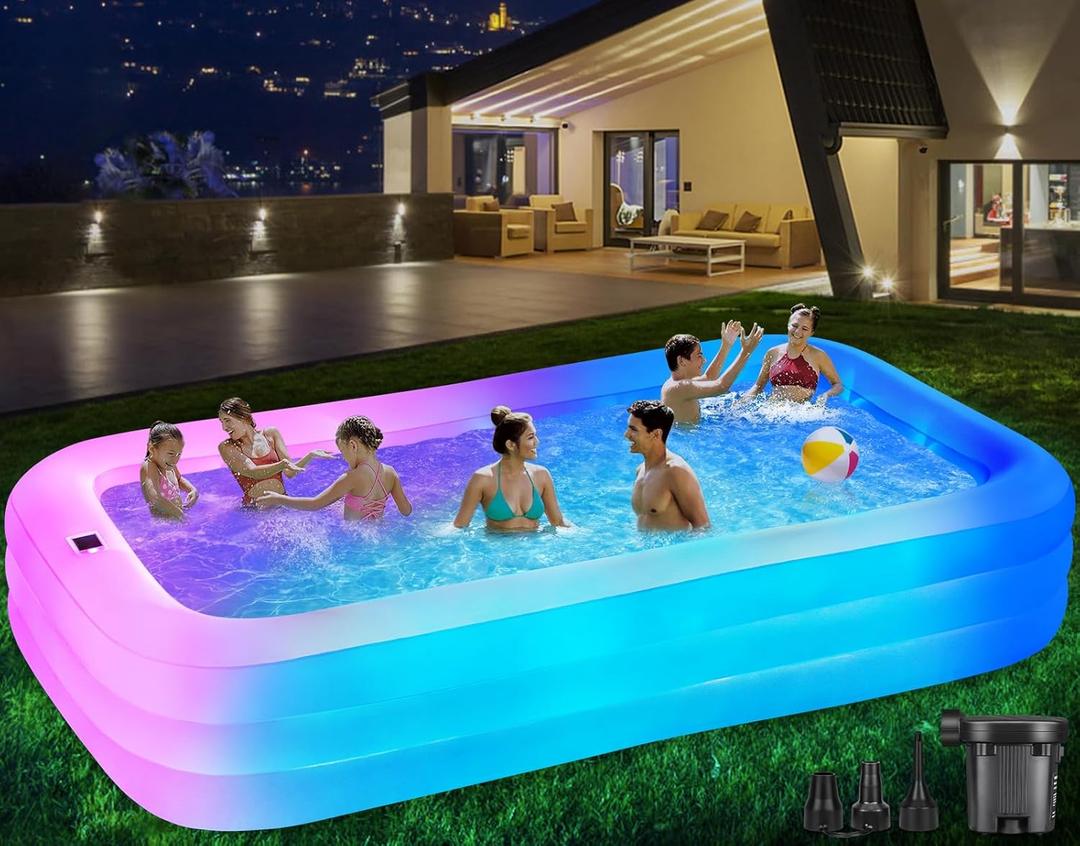 Large Solar Inflatable Pool with Lights, 130"x72"x22" Blow-Up Kiddie Pool with Air PUM, 7 Color Changed Family Swimming Pool for Backyard, Outdoor (Blue)