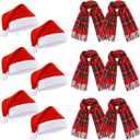Coume 12 Pcs Christmas Santa Hat and Scarf Set for Adults, Winter Plaid Scarf Warm Xmas Hat with Pompom for Men Women Holiday Gifts (Red and Green)