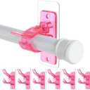 6-Pack No Drill Needed Curtain Rod Holders Brackets, Self Adhesive Rods Holder Hooks, Multipurpose Nail-Free Stick on Curtain Rod Hooks-Transparent Berry Pink