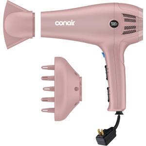 Conair Hair Dryer with Retractable Cord, 1875W Blow Dryer, 3 Heat Settings, 2 Speeds, Blow Dryer with Diffuser and Concentrator Attachments, Ionic + Tourmaline Technology, Matte Light Pink