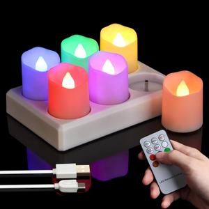 6pcs Rechargeable LED Tea Lights Color Changing with Charging Base, Flameless Votive Candles RGB Flickering with Remote and Timer, Electric Fake Candles, USB Cable Included