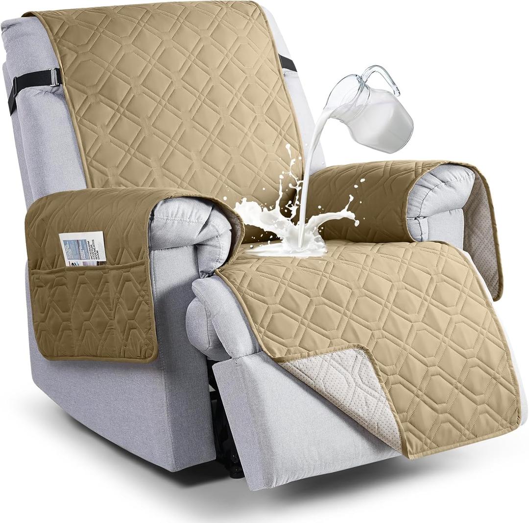 VANSOFY 100% Waterproof Recliner Chair Covers, Recliner Cover Non-Slip Dog Chair Cover Furniture Protector Washable Slipcover with Pocket, Elastic Straps for Pets, Dogs(Sand, 22")
