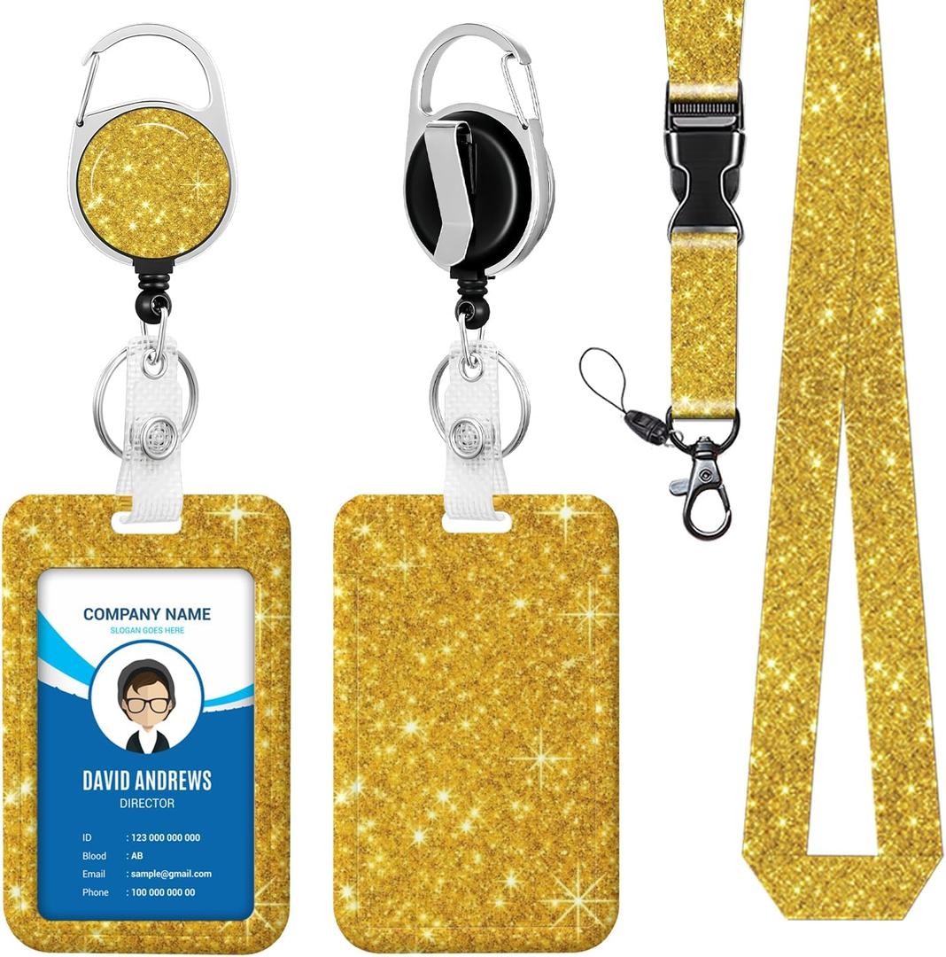 Lanyard for ID Badge Holder Badge Reel Gold Glitter for Man Women Cute Nurse Teacher Name Tag Clip Retractable Keychain Heavy Duty Work Office Gifts Accessories