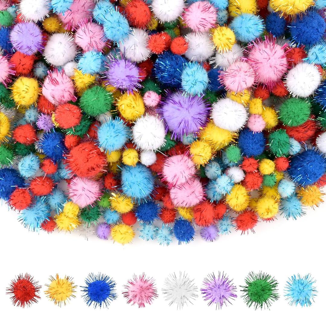 NACHLYNN 1000 Glitter Pom Poms Bulk 4 Sizes Assorted Soft Fluffy Pom Poms for Crafts DlY Decorations Activities with A Storage Bag (Multicolor)