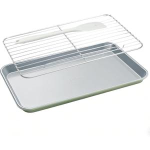 7PCS Ceramic-Coated Baking Sheet Set - 10x15in Jelly Roll Pan Non-Stick Cookie Sheet with Wire Rack, Silicone Spatula & 4 Cookie Cutters, PFAS Free, Oven Safe (550F), Pistachio Green