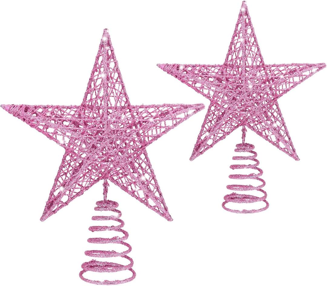 Blulu 2 Pieces Metal Glittered Christmas Tree Topper Star Treetop Hollow Wire Star Topper for Christmas Tree Ornament, 2 Sizes (Pink)
