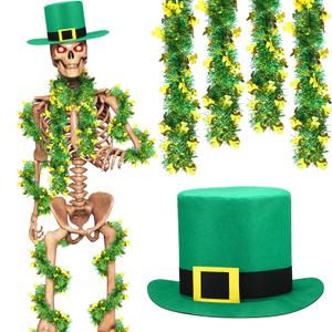 Geyoga St Patrick's Day 12 ft Skeleton Giant Skeleton Clothes Accessories Green St Patricks Day Hat with 2 Shamrock Metallic Tinsel Garlands for Irish 12 ft Outdoor Decoration, Skull Not Included