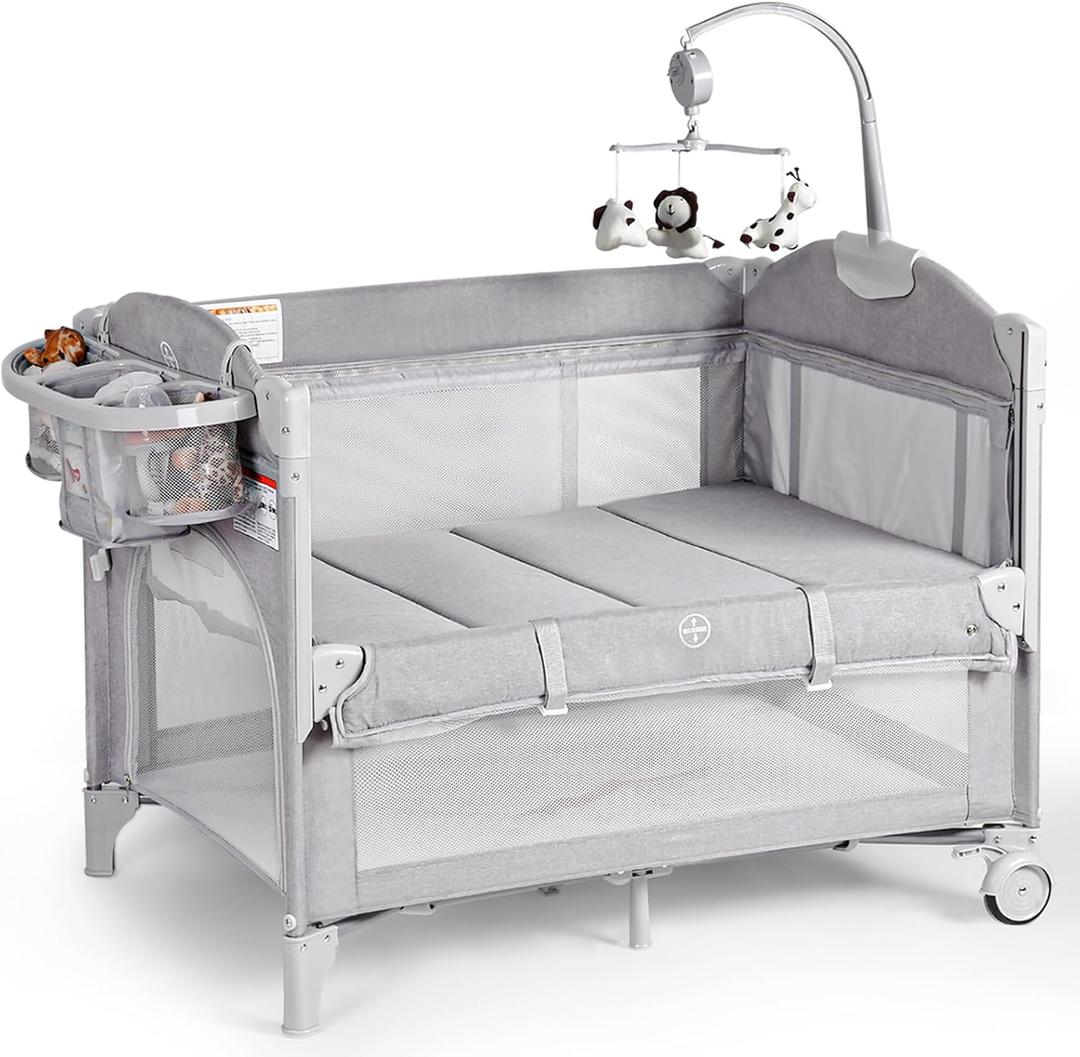 Rinnebbit Baby Bassinets Bedside Sleeper, 4 in 1 Portable Bedside Crib w/Thickened Mattress, Diaper Changer, Storage Basket, Music Box, Carry Bag, Foldable Playard Sleeper for Newborn (Light Gray)