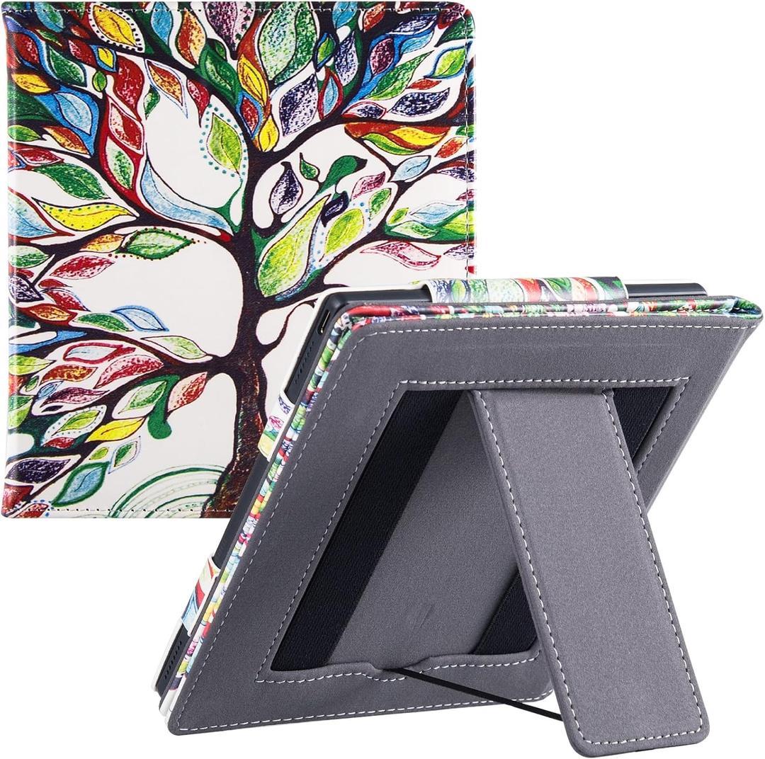BOZHUORUI Stand Case for 7" Onyx Boox Go 7 Series (2024/2025 Released) & Boox Page e-Reader - Premium PU Leather Sleeve Cover with Two Hand Straps/Auto Sleep/Wake (Lucky Tree)