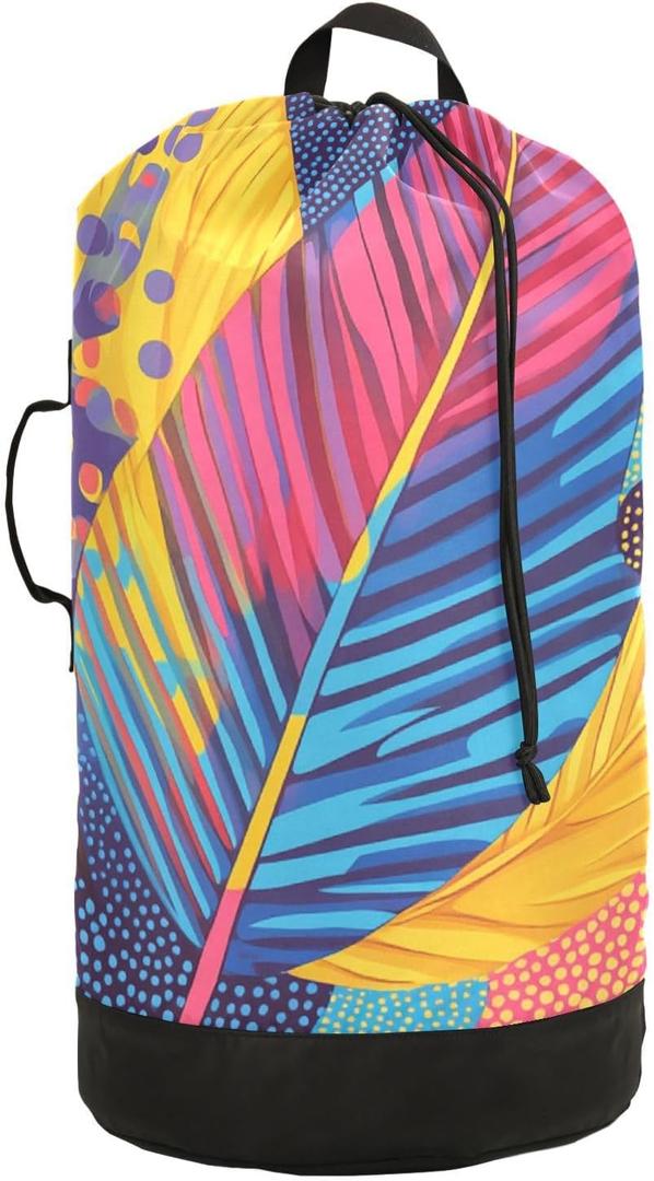 Leaves Polka Dot Fuchsia Nylon Travel Laundry Bag for Luggage Dirty Heavy Duty Dirty Clothes Organizer with Drawstring Closure & Shoulder Straps Clothes Hamper Bag for College Dorm Apartment