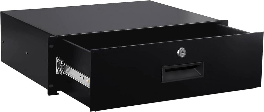 3U Rack Mount Drawer Server Cabinet Case for 19 Inch AV/Network/DJ Equipment Lockable Deep Drawer with Key Black, 5.25"H x 19"W x 13.8"D