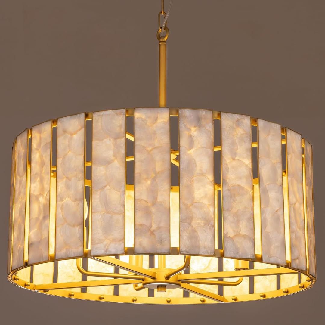 Wellmet 24" Coastal Chandelier with Capiz Shell, Gold Drum Lighting Fixture, Large