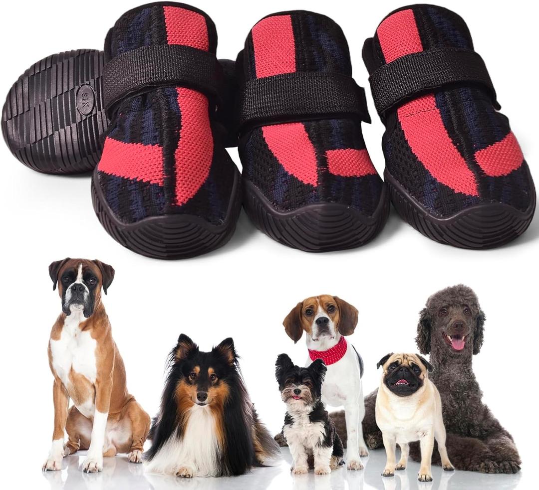 PETQYS Dog Shoes, Mesh Breathable Dog Boots for Walking Running Hiking, Soft Non-Slip Rugged Rubber Sole Dog Booties with Adjustable Straps 4Pcs, Black-Size: 3