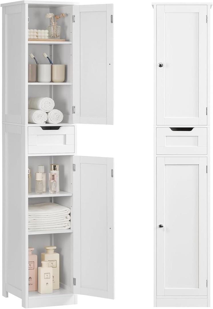 Iwell Tall Bathroom Cabinet, Slim Narrow Bathroom Storage Cabinet with Adjustable Shelves, Storage Cabinets with 1 Drawer, for Bathroom, Living Room, Entryway, Kitchen, White, 11.8''D x 11.8''W x 67.1''H