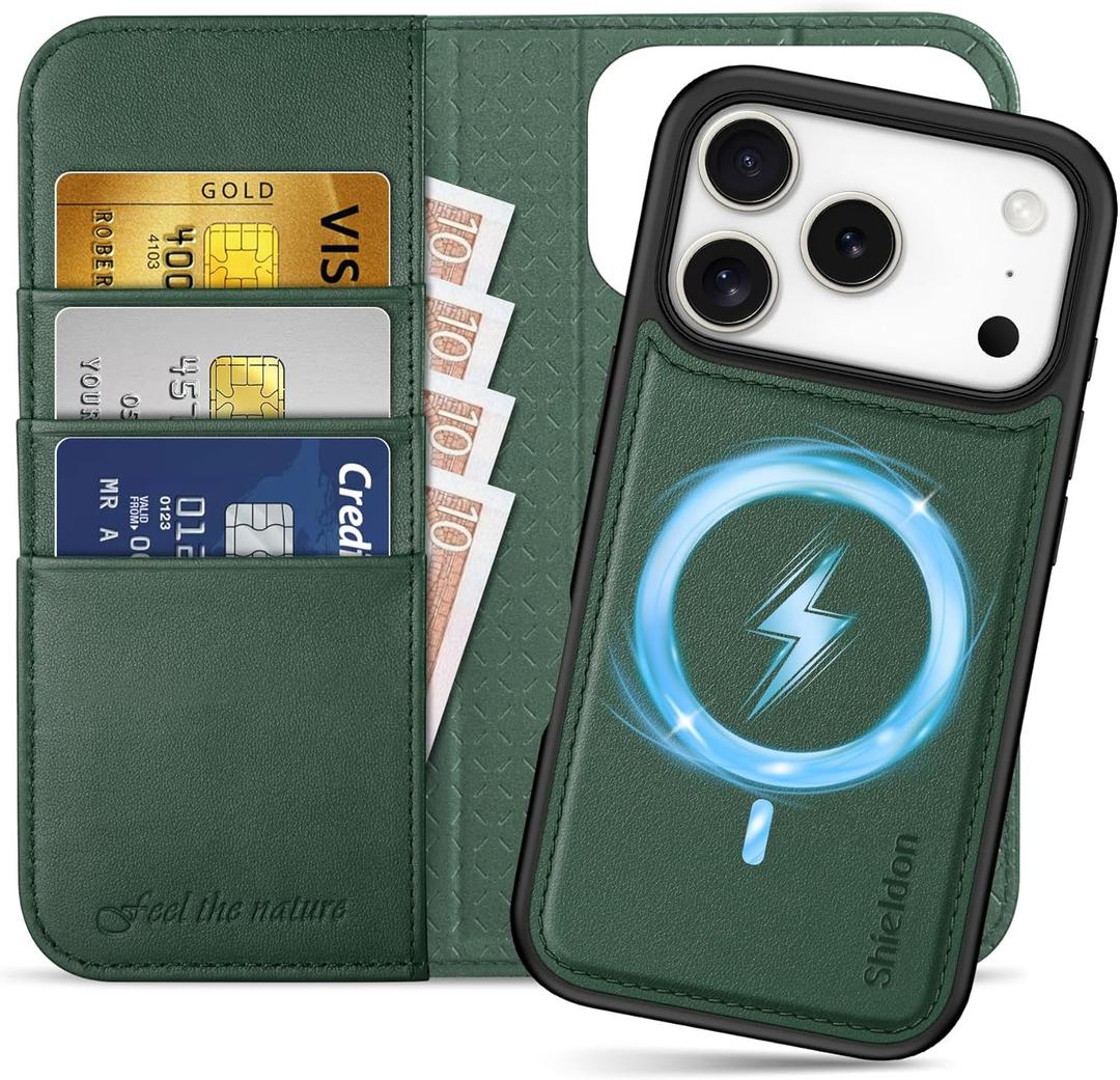 SHIELDON Detachable Leather Wallet Case for iPhone 17 Pro 6.3-inch 5G | 2-in-1, Flip, Magnetic Closure, Wireless Charging, Kickstand, RFID Blocking Credit Card Holder, Shock Absorption - Evergreen