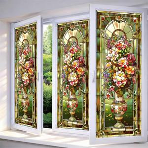 IVN Privacy Window Film Stained Glass Window Cling Floral Vase Design Static Cling Glass Film for Bathroom Kitchen Door Panel 17.7 x 39.3 Inch (Flower Basket)