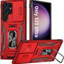 ANGELAS Shockproof Phone Case for Samsung Galaxy S23 Ultra - Silicone TPU Bumper with Anti-Fall Protection,Slide Camera Cover & Rotating Ring Kickstand,6.8Inch,Red