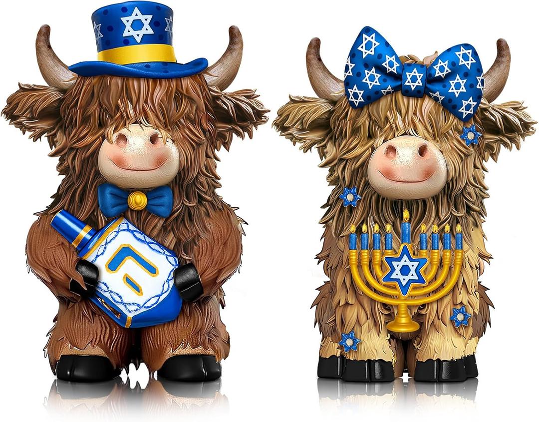 2 Pcs Hanukkah Highland Cow Figurines Decor Hanukkah Cow Gnomes Gifts Resin Statue Calf Lovers Gifts for Farmhouse Home Garden Bathroom Kitchen Tiered Tray Table Decor Office