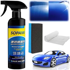 Sopami Car Coating Spray, 17.6 oz Quick Effect Coating Agent, Oil Film Emulsion Glass Cleaner, Polish Spray Waterless Wash Wax, Spray Wax Polish for Car Scratches(1PC+Sponge+Cloth)