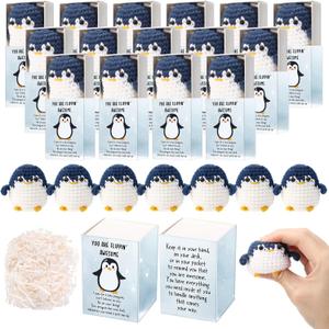 Wettarn 30 Sets Pocket Hug Token Bulk Little Penguin Handmade Crocheted Blue White Penguin with Box Positive Encourage Gifts for Women Friend Colleagues Teachers Nurses Family