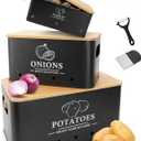 Kitchen Vegetable Storage Set of 3, Metal Onion Garlic Potato Storage Set, Kitchen Canisters Vegetable Keeper Containers with Aerating Holes and Wooden Lid (Black)