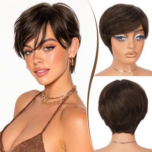 RUWISS Pixie Cut Wig Human Hair  Short Wigs for Black Women with Bangs Short Human Hair Wigs, Natural Layered Wavy Wig, Glueless, 0829-2# (ZF-001S, 2# ZF-001S)