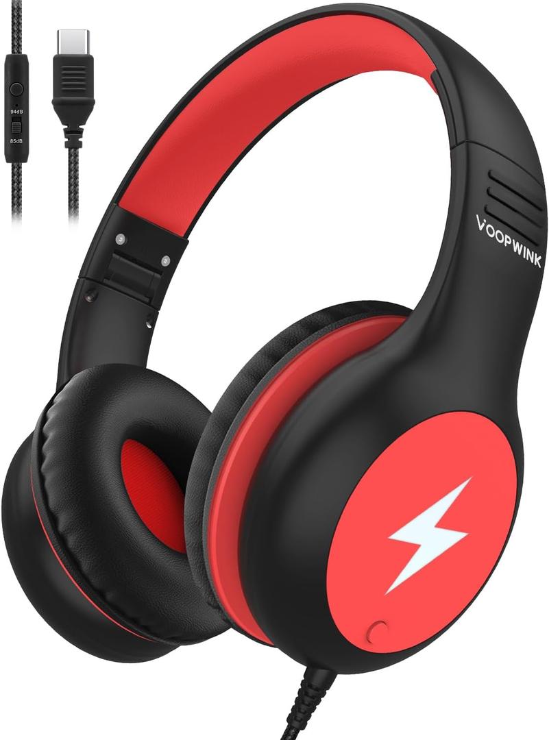 Voopwink Kids Headphones Wired with Microphone, USB Type C Headphones for Kids Girls Boys with Cord/LED Lights/85/94dB Volume Limit, Portable Over Ear Headphones for School/Travel/Tablet/iPad