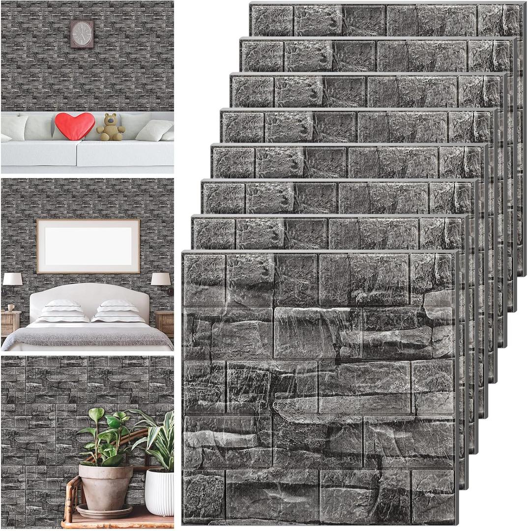 Tinlade 30 Pcs 28.81 Sq ft 3D Wall Panels Peel and Stick Foam Brick Wallpaper Printable Faux Brick Wall Panels Decorative Self Adhesive Tiles Waterproof(Rock Black)
