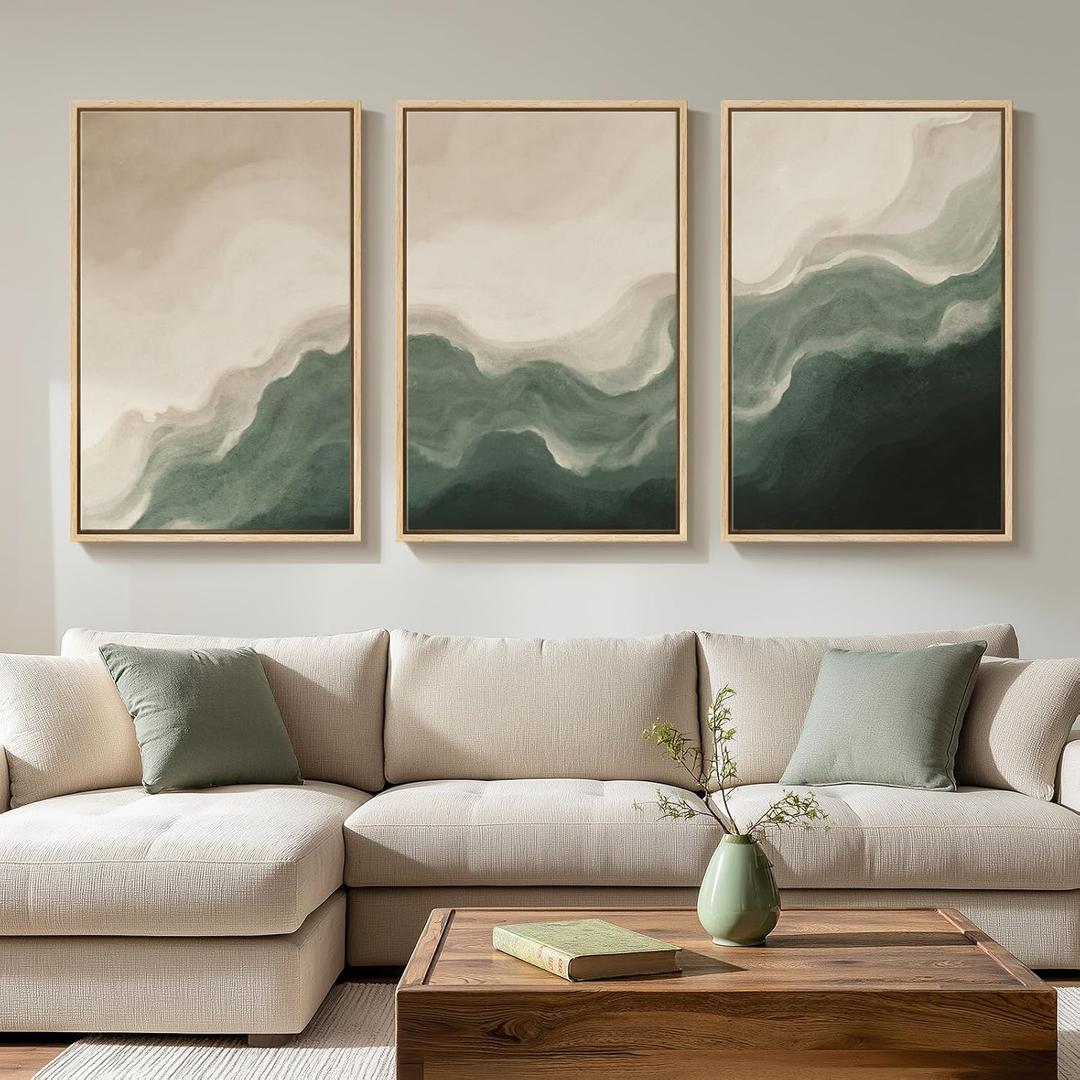 Large Framed Green and Beige Abstract Wall Art for Living Room, 3 Piece Modern Neutral Canvas Prints Paintings Artwork for Walls, Minimalist Abstract Pictures for Hallway Bedroom Wall Decor 24x36 In, 24" W X 36" H X 3pcs