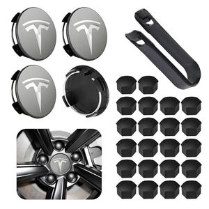 Car Wheel Center Hub Cap Kit with Logo, Hubcaps Accessories for TES la Model 3 Model Y 4  14 Black Lug Nut Covers Black