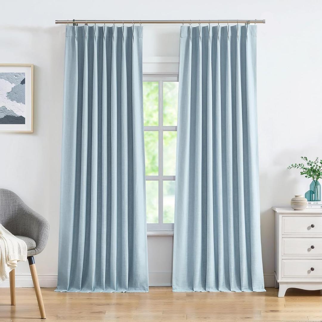 Dusty Blue Pinch Pleated Full Blackout Curtains Linen Texture Noise Reducing Window Treatment Panel 102 Inch for Living Room Bedroom Thermal Insulated Back Tab Drapes with Hooks, 2 Panel, 40"Wx102"L