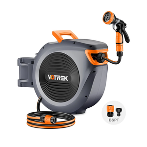 Retractable Garden Hose Reel Outside [1/2 inch ×100 FT], VOTREK Automatic Rewind Wall Mounted Hose Reel [Heavy Duty] with Any Length Lock, 180° Swivel Bracket, 9 Modes Nozzle for Watering Cleaning