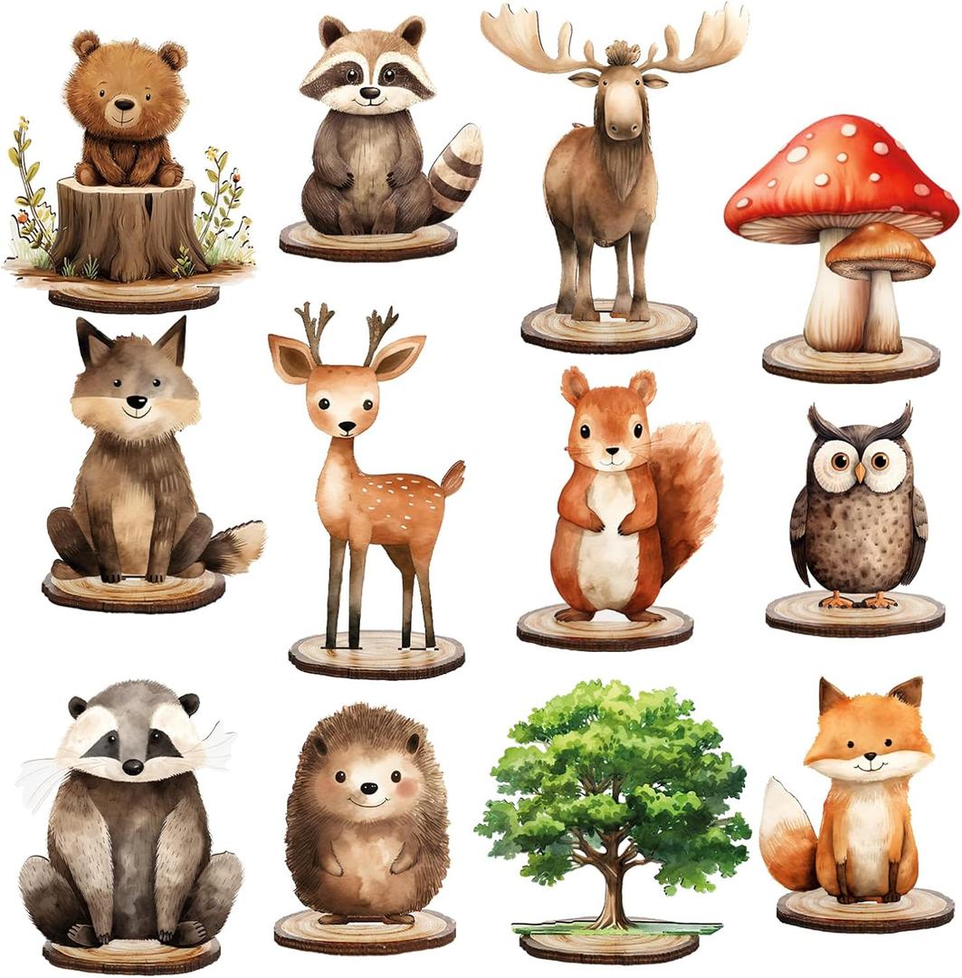 12Pcs Forest Animal Wood Table Sign Cute Woodland Animal Wooden Cutouts with Base Tiered Tray Decor for Farmhouse Birthday Baby Shower Home School Office