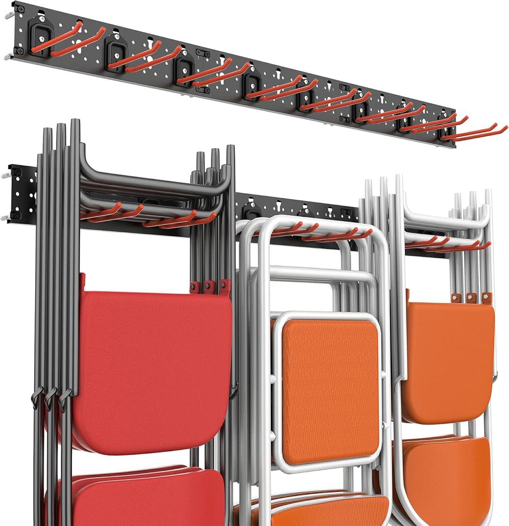Wallmaster Wall Mount Garage Organizer Tool Storage Rack, Heavy Duty Folding Chair Hangers with 8 Adjustable Hooks, 48-inch Tracks, Max Load 300lbs (8Hooks+3Panels+4MiniBase)