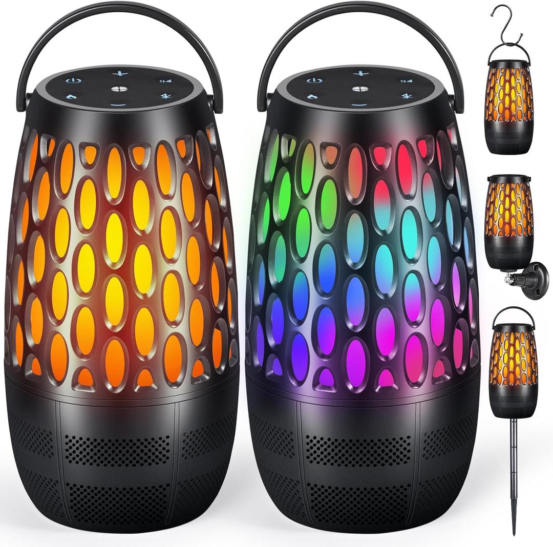 Outdoor Speakers with Flame & RGB Lights, 10W HD Stereo, Bluetooth 5.3 Auto-Pairing, Multi-Sync 100+ Speakers, IPX6 Waterproof, Perfect for Patio, Pool, Party | Gifts for Men & Women (2Pack)