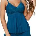 Oberitiny Women Pajama Set Lace Trim Short PJ Set V Neck Sleeveless Sleepwear Drawstring Waist Nightwear M