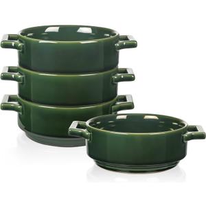 Vicrays Ceramic Soup Bowls with Handles, 24 Oz Porcelain Soup Crocks for French Onion Soup, Cereal, Beef Stew, Chill, Pasta, Pot Pies, Microwave and Oven Safe, Set of 4 (Green)