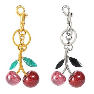 COOLANS  Cute Cherry Bag Charm,Apple Key Ring Clip Handbag Charm,Fruit Novelty Pendant,Purse Decor Keychain for Woman(Double Pink Cherry/Silver & Golden Key 4 PCS)