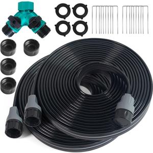 Sprinkler Flat Soaker Hose 50 ft (25 ft 2-pack) with Garden Staples and Splitters, PVC Drip Line Irrigation Hose for Lawn, Garden Beds (Black)