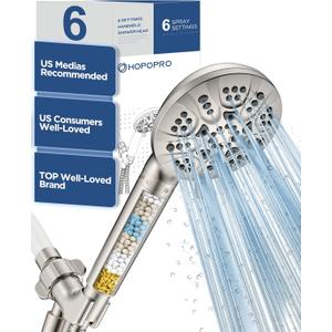 6-Mode High Pressure Handheld Shower Head with Filter, HOPOPRO High Flow Filtered Handheld Showerhead, Water Softener Filters for Hard Water - Removes Chlorine - Improves Skin Hair Condition (Brushed Nickel Modern)