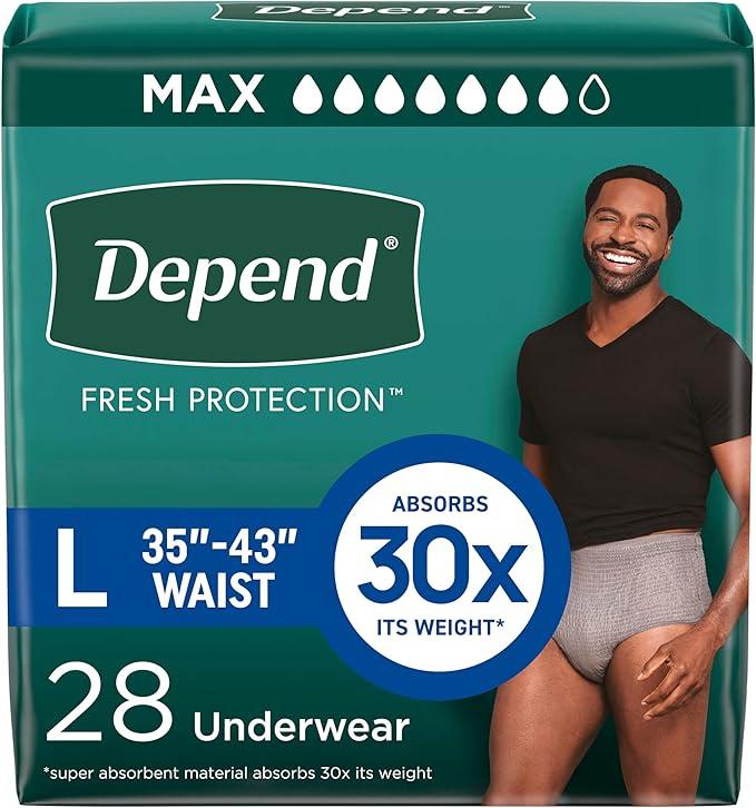 Depend Fresh Protection Adult Diapers, Incontinence Underwear for Men, Disposable, Maximum, Large, Grey, 28 Count, 