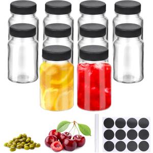 10 Pcs Glass Shot Bottles with Caps, 2oz Ginger Shots Bottles, Reusable Thick Mini Juice Shot Bottle with Label, Small Bottle, Wide Mouth Small Glass Jars with Lids for Oil Sauce (Black Lid)