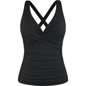Hilor Women's Underwire Tankini Top Tummy Control Bathing Suits Sexy V Neck Crossover Swim Top Only (18, Black)