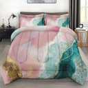 Comforter Set with 2 Pillowcases Queen Size, Pink Teal Gold Marble, Bed Decor Turquoise Rose Dye Abstract for Kids and Adults, Soft Cozy Bedroom Bedding Set