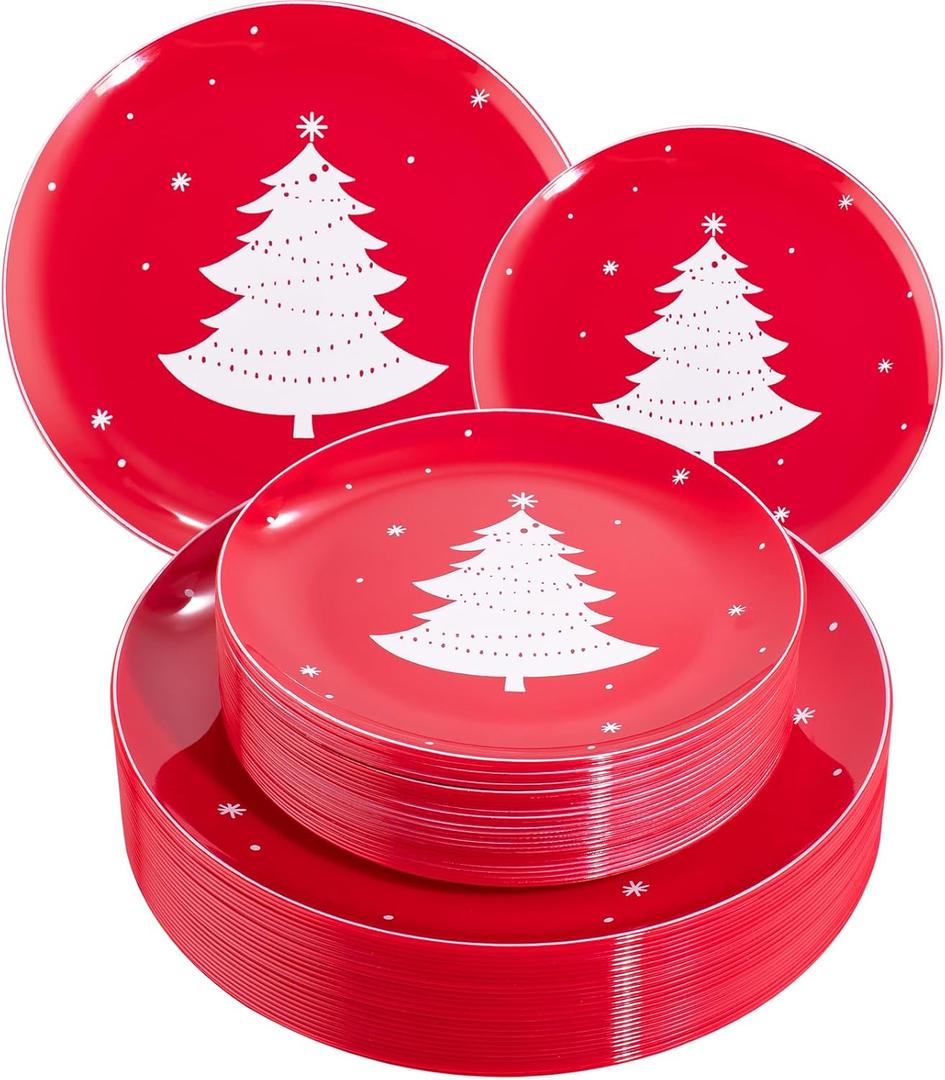 WDF 50 Pieces Plastic Christmas Plates - Red and White Plastic Plates with Christmas Tree include 25 Dinner Plates, 25 Salad Plates - Red White Party Plastic Plates for Christmas, Winter (10.25INCH+7.25INCH)