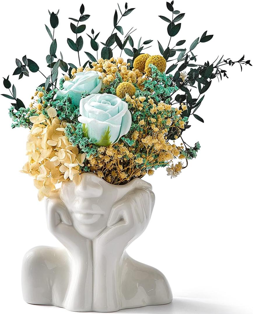 FJS Ceramic Face Vases, White Flower Vases for Decor, Modern Decorative Vase Centerpiece for Table Shelf Living Room Office Bedroom (Large, Face Vase - Hands on Cheeks)